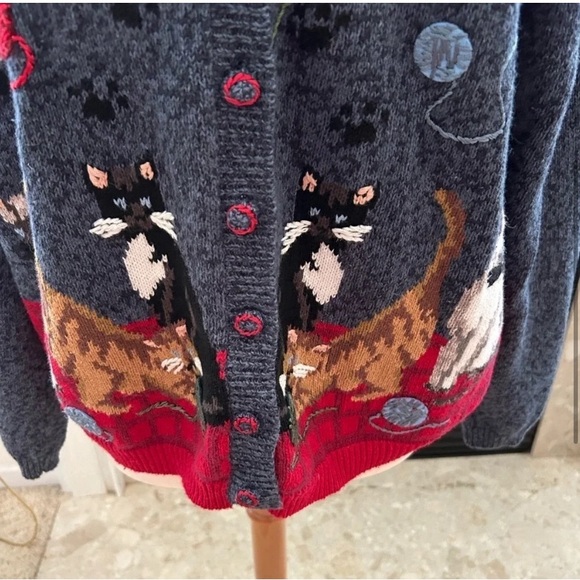 VINTAGE Cat Cardigan Size XL Blue Grey Heirloom Collectibles Ramie Cotton Blend - Picture 4 of 8